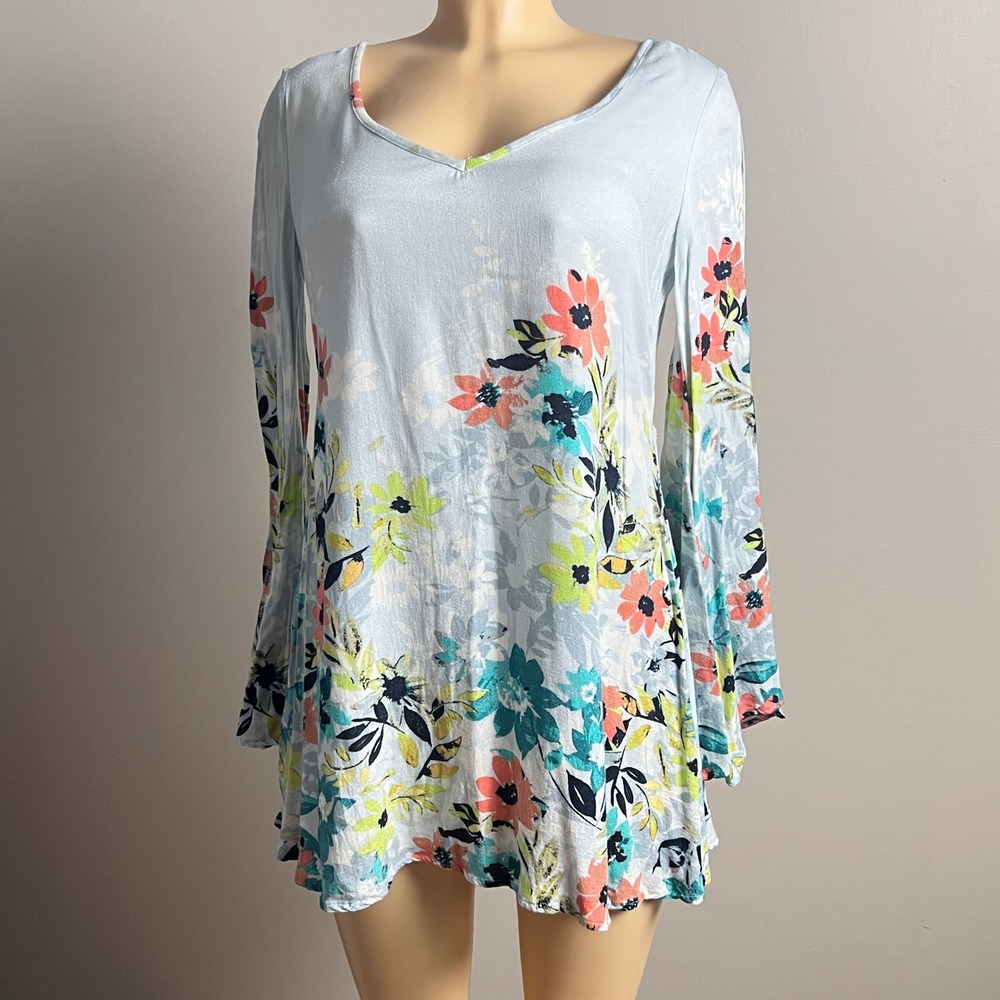 O'Neill Floral Mini Dress Womens S Surf Bell Sleeve Open Back Light Blue Boho
